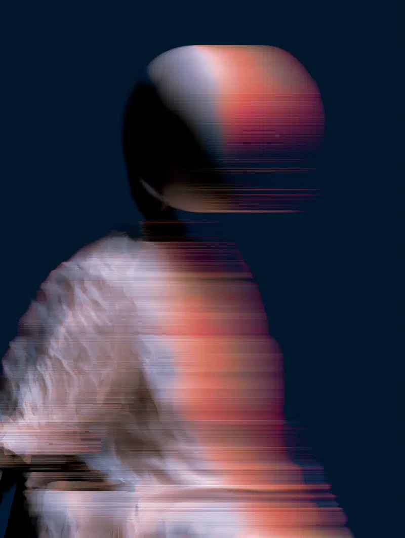 Abstract distorted digital portrait with glitch effects on a dark background