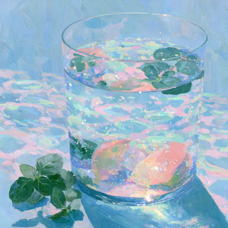 Acrylic painting of a glass of water with citrus and mint leaves