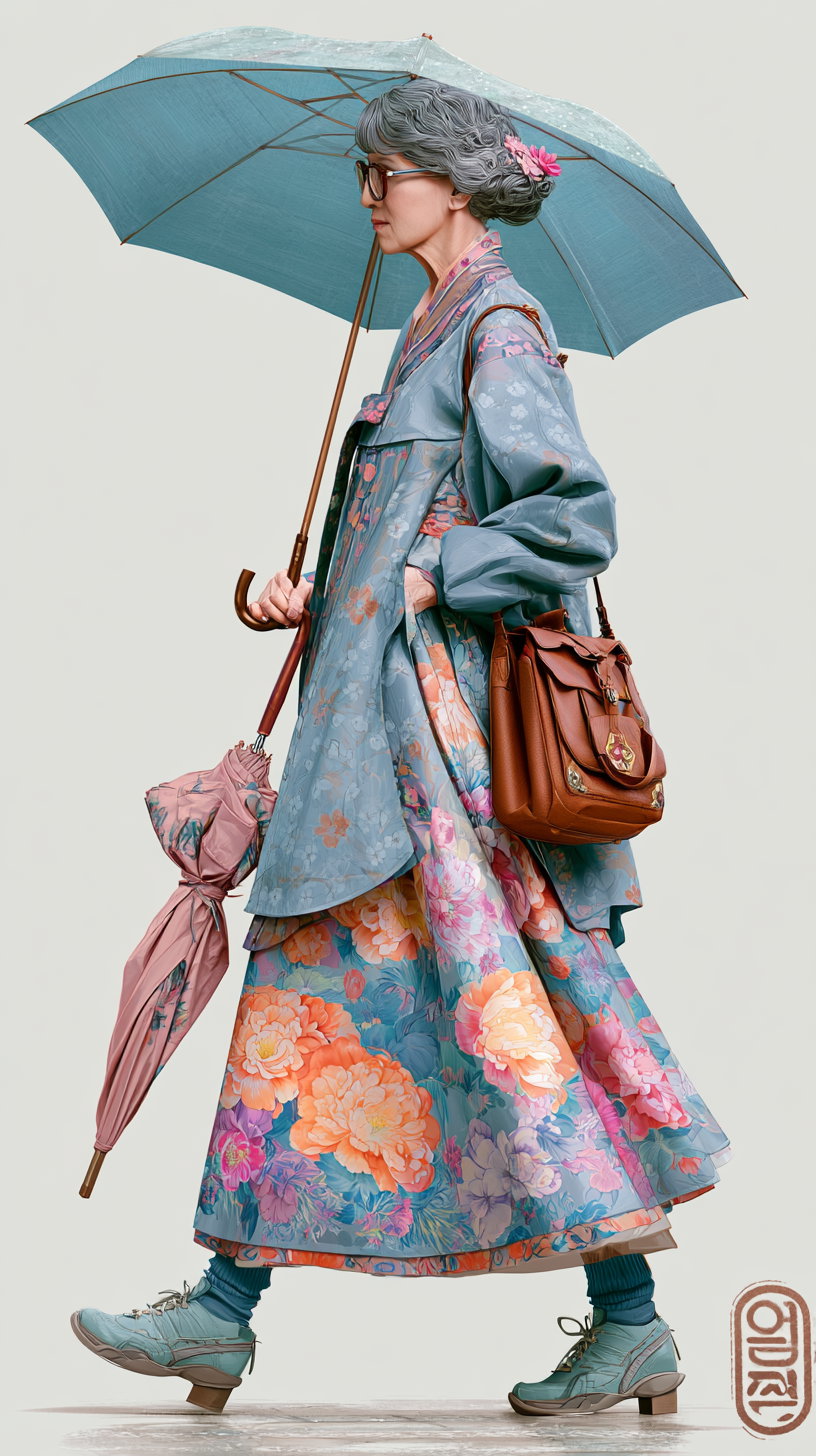 A digital painting of an elderly woman in a blue floral dress holding a pink folded umbrella and an open blue umbrella above her. She has gray hair with pink flowers and wears glasses and light blue shoes.