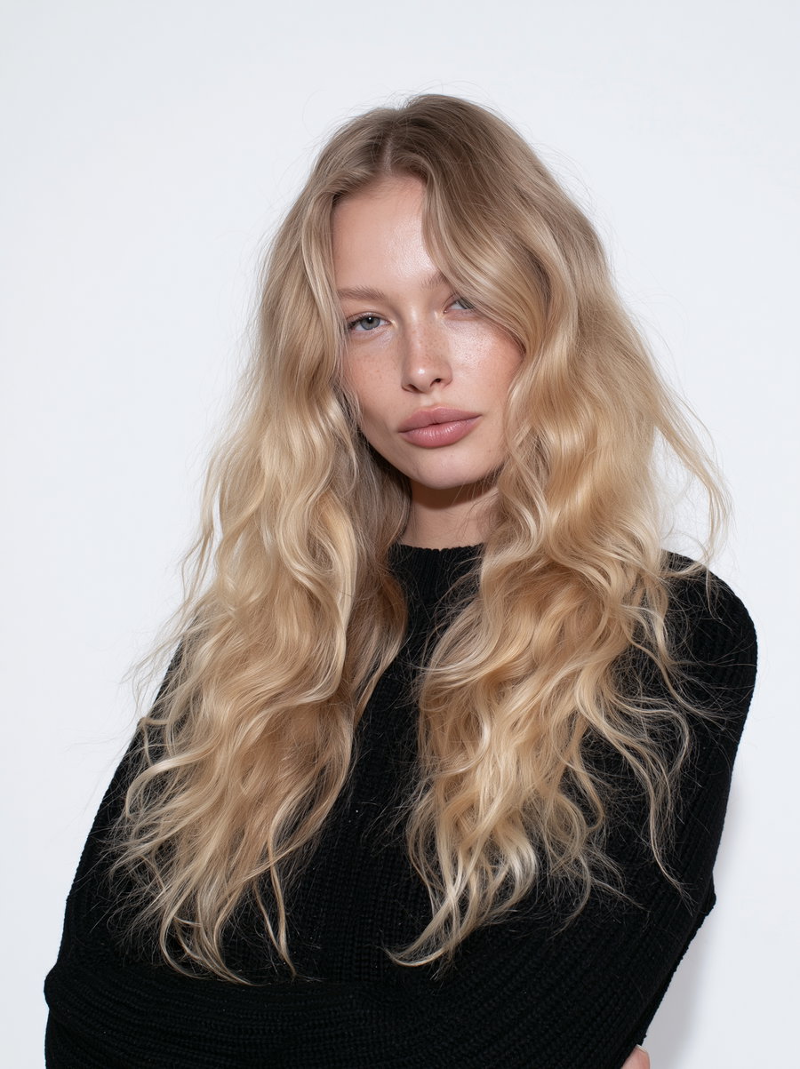 Close-up portrait of a woman with long curly blonde hair wearing a black sweater against a plain white background
