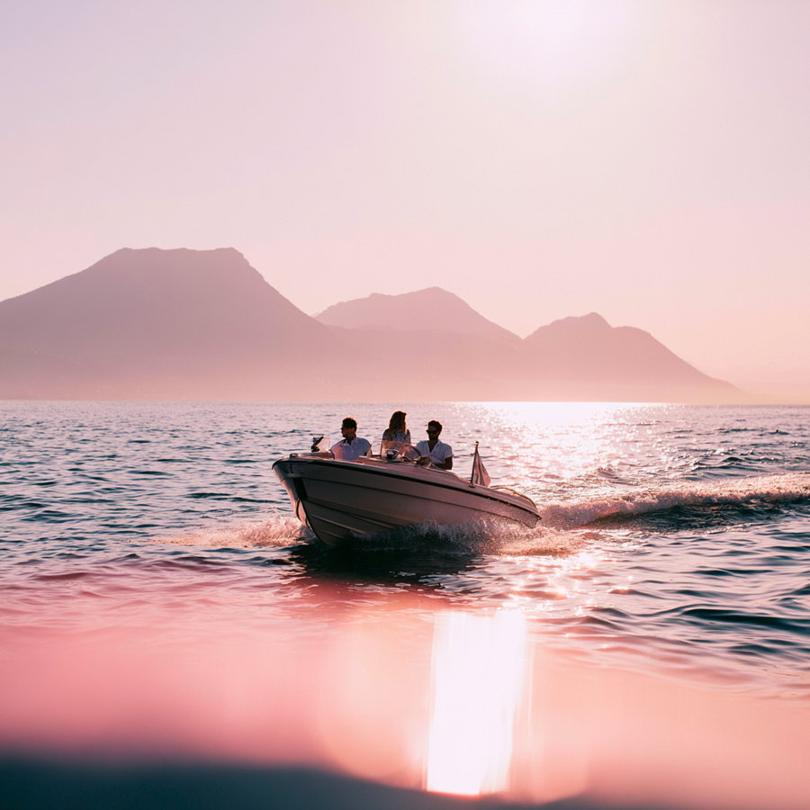 A fine art photo showing three people on a motorboat riding on calm water with mountains in the background and a pinkish sky and sunlight reflection on the water