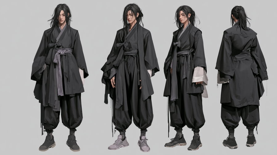 Four digital illustrations of a character with long black hair tied back, wearing loose black and gray traditional-style clothing and sneakers, shown from front, side, three-quarter, and back views on a plain gray background.