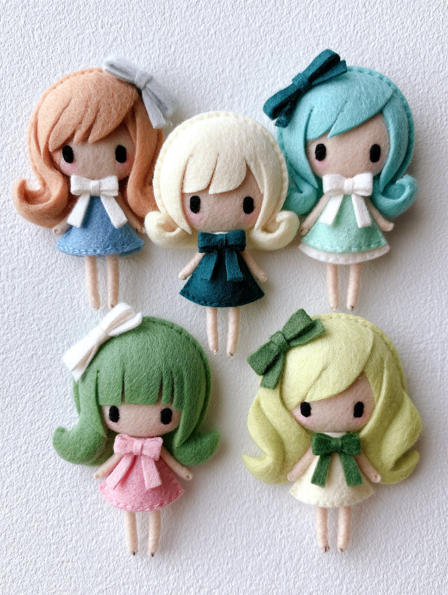 Five handmade felt dolls with large eyes, colorful hair, and bows, wearing small dresses, arranged on a white textured background.