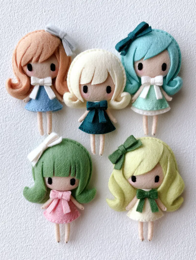 Cute Felt Doll Character Designs with Colorful Hair and Bows