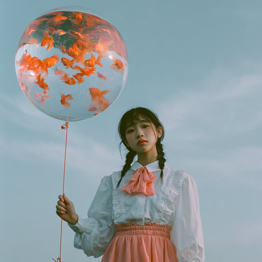 A young girl with braided hair wearing a white blouse and peach skirt holds a transparent balloon containing multiple goldfish against a clear blue sky background