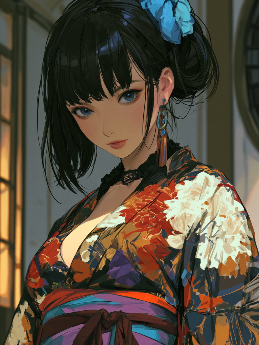 Portrait of a woman with black hair tied with a blue accessory, wearing a colorful floral kimono and long earrings in an indoor setting