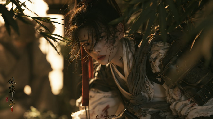 Close-up of a person with messy hair, wearing torn and layered warrior-style clothing with dirt and blood marks on the face and costume, surrounded by foliage.