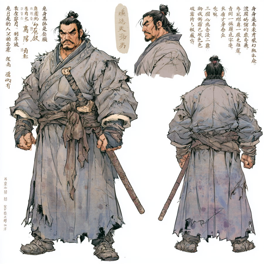 Illustration of a muscular warrior wearing tattered traditional robes and a sword, shown from front, side, and back views with handwritten text in an Asian script