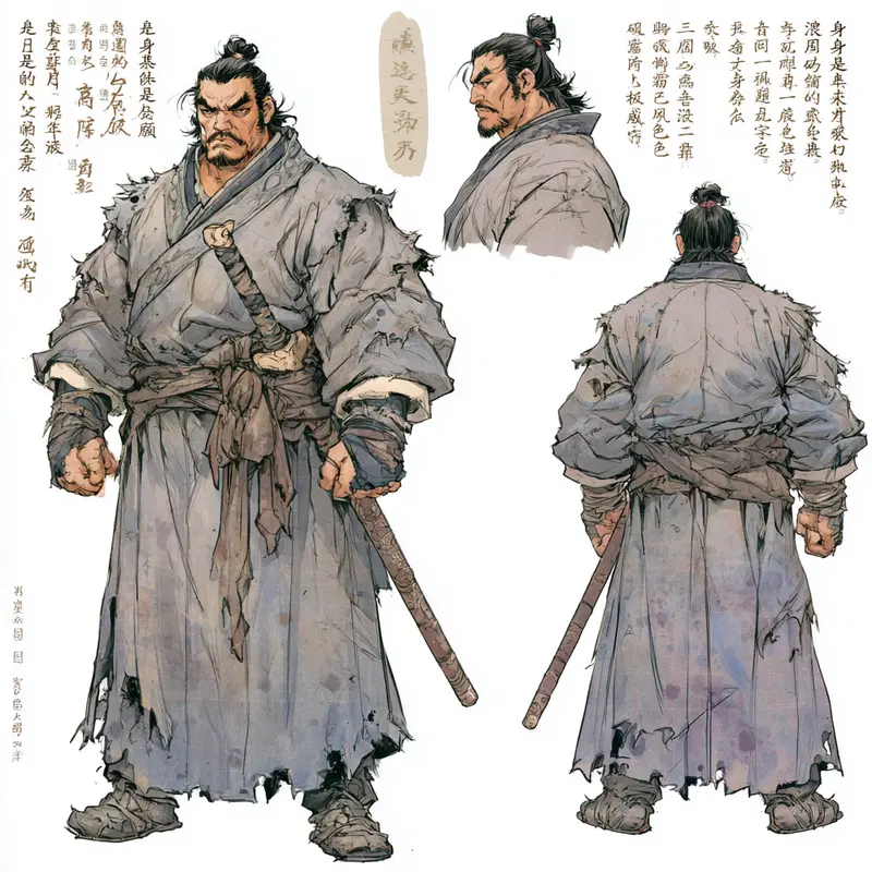 Detailed character design of a rugged warrior in traditional attire with a sword