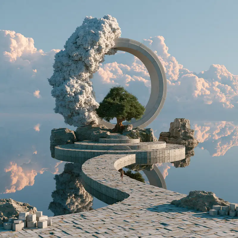 Surreal architectural structure with a circular stone arch and floating pathway