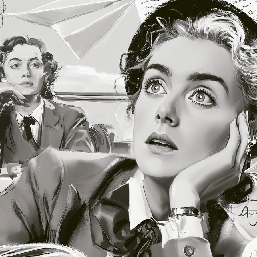 Black and white digital painting of two women with thoughtful expressions, one resting her chin on her hand and the other looking upwards with wide eyes, both dressed in formal attire.