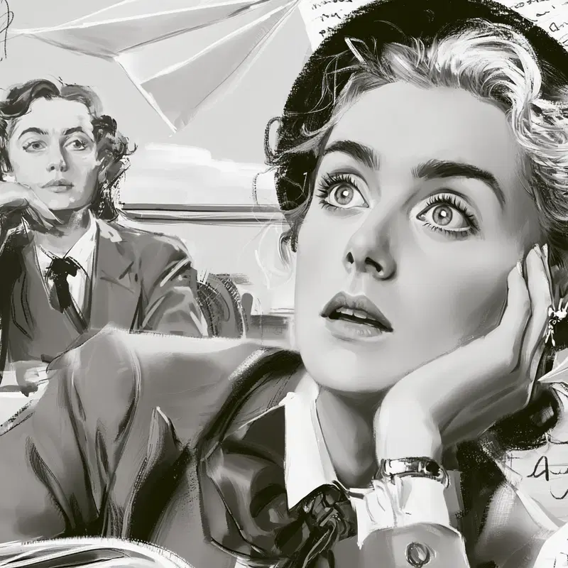 Monochrome artistic portrait painting of two contemplative women