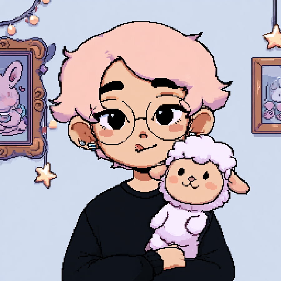 Pixel art of a person with pink hair and glasses holding a pink sheep plush toy, with framed pictures and star-shaped string lights in the background