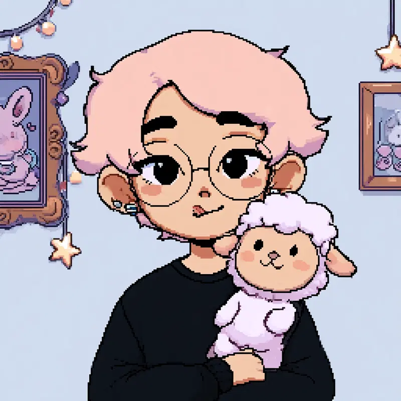 Pixel art character holding a cute pink sheep plush in a cozy room