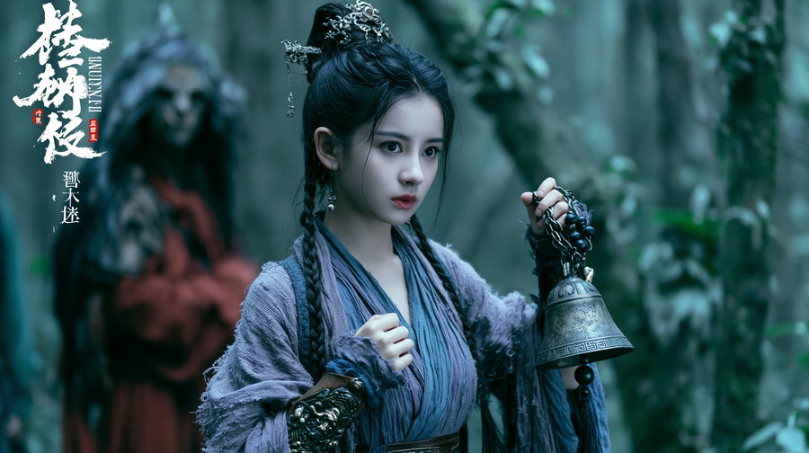 A young woman wearing traditional Chinese clothing and hair accessories, holding a decorative bell, standing in a forest with blurred figure in the background and Chinese characters on the left side