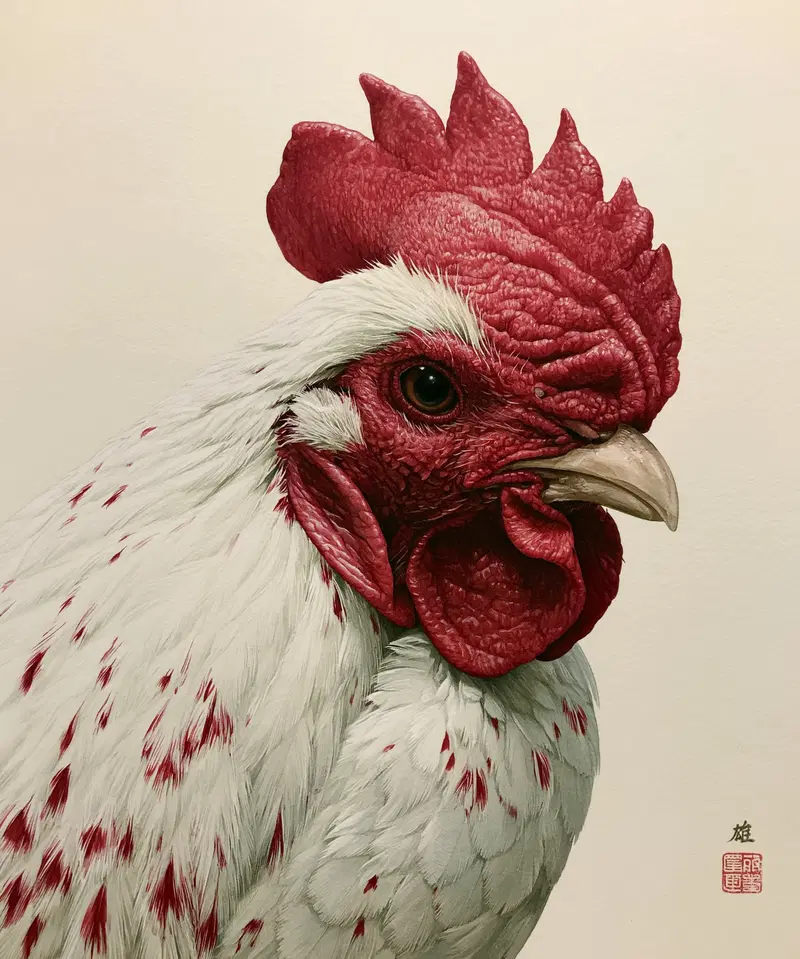 Highly detailed and realistic painting of a white rooster with red comb and feathers
