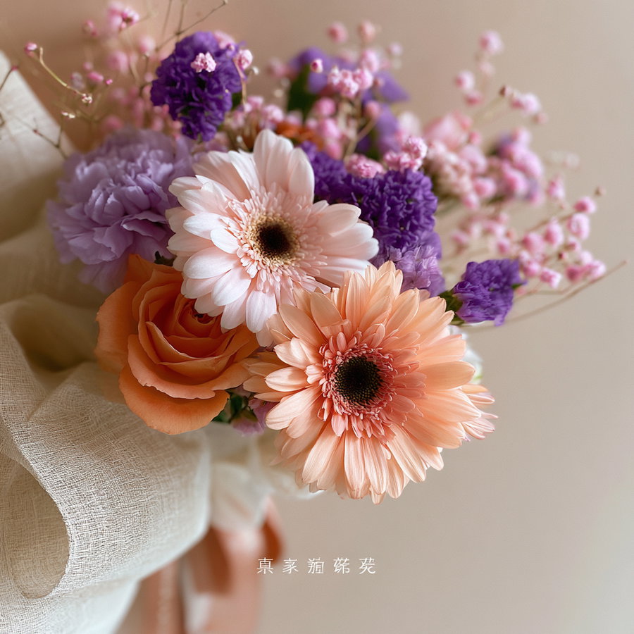 Bouquet featuring light pink and peach gerbera daisies, an orange rose, small purple flowers, and sprigs of pink baby's breath wrapped in beige textured fabric
