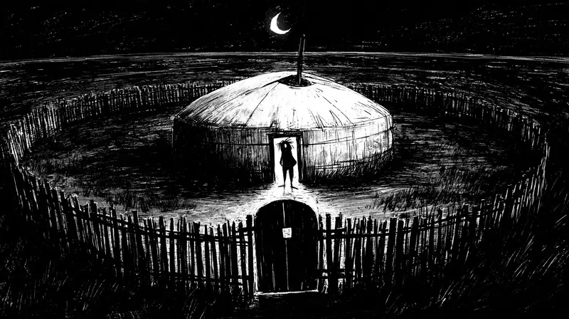 Black and white ink drawing of a person in a circular fenced area at night