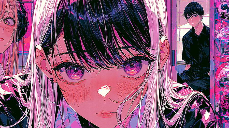 A colorful comic style illustration featuring a close-up of a girl with intense purple eyes and flushed cheeks, with a boy standing in the background near vending machines