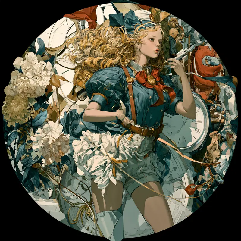 Intricate artistic portrait of a woman with flowing hair and vintage attire