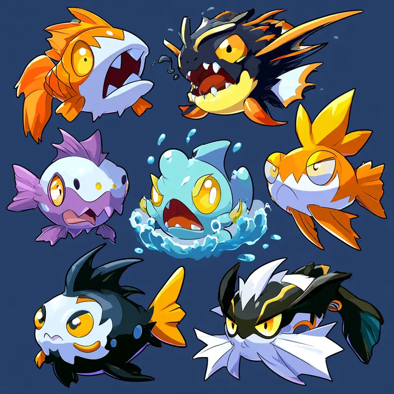 Creative character designs of various colorful angry fish with unique expressions