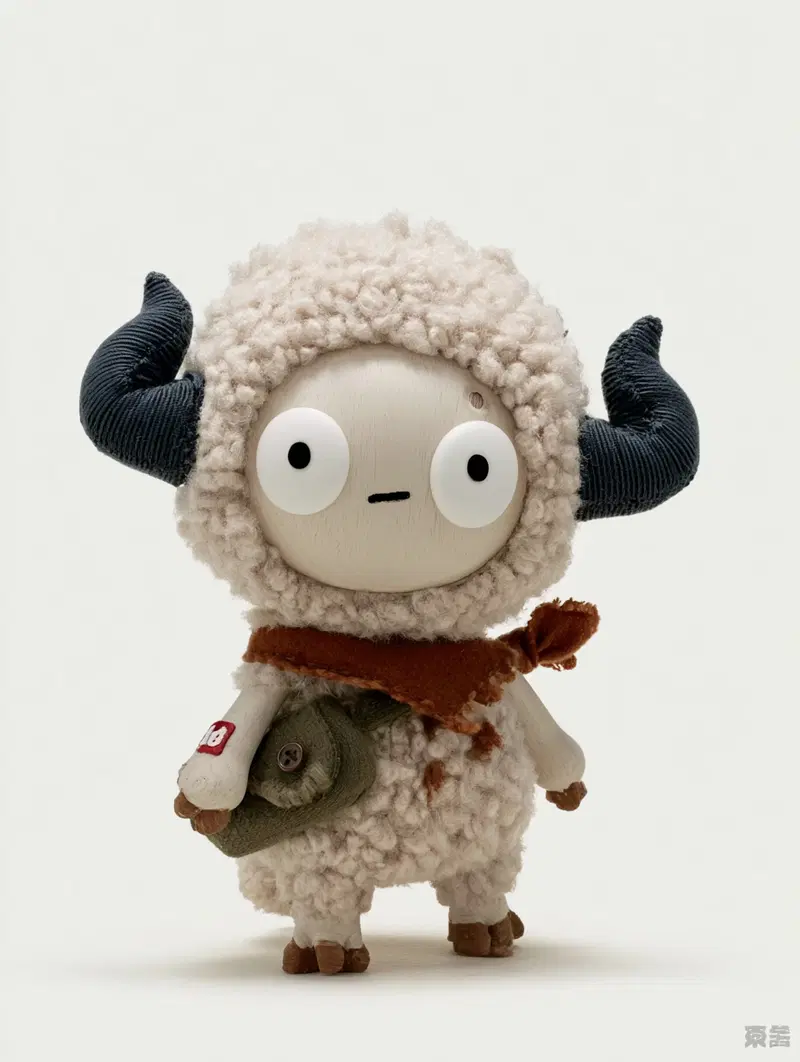 Cute woolly character with expressive eyes and small accessories