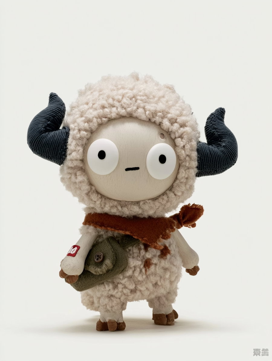A small woolly character with large white eyes, black curved horns, a tiny mouth, wearing a brown scarf and a green pouch on its side