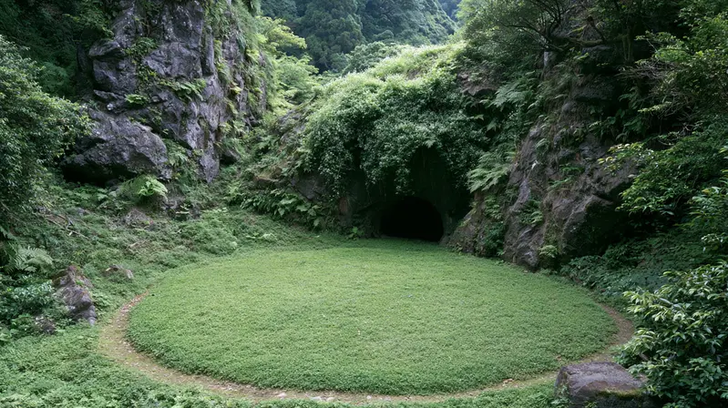 Serene traditional Japanese Zen garden with a cave entrance in lush greenery
