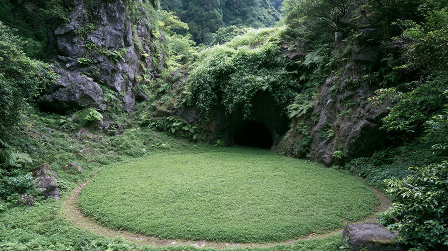 A natural cave entrance nestled in rocky hills surrounded by dense green vegetation and a circular patch of moss or grass in front.