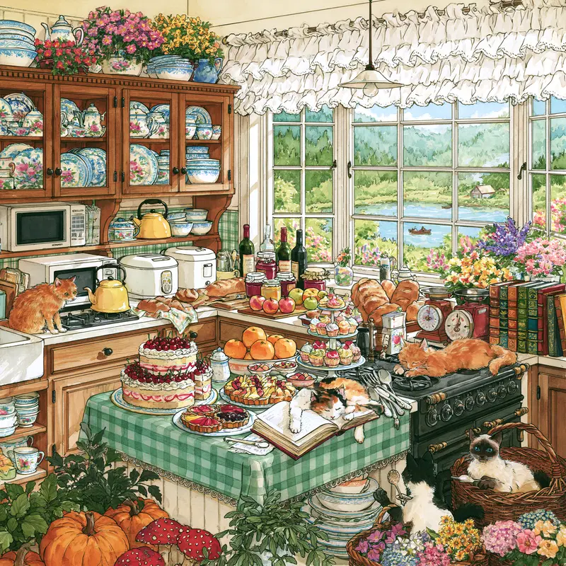 Cozy kitchen scene with cats, cakes, flowers, and a scenic window view