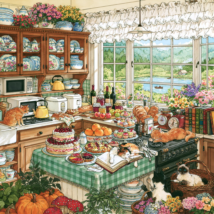 Illustration of a kitchen with wooden cabinets, green checkered tablecloth, various cakes and pastries, several cats resting and playing, colorful flowers, pumpkins, and a window showing a river and hills in the background