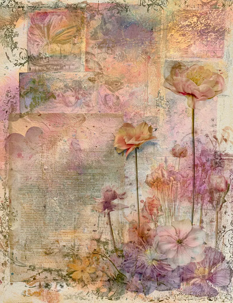 Delicate and detailed botanical illustration with layered flowers and vintage textures