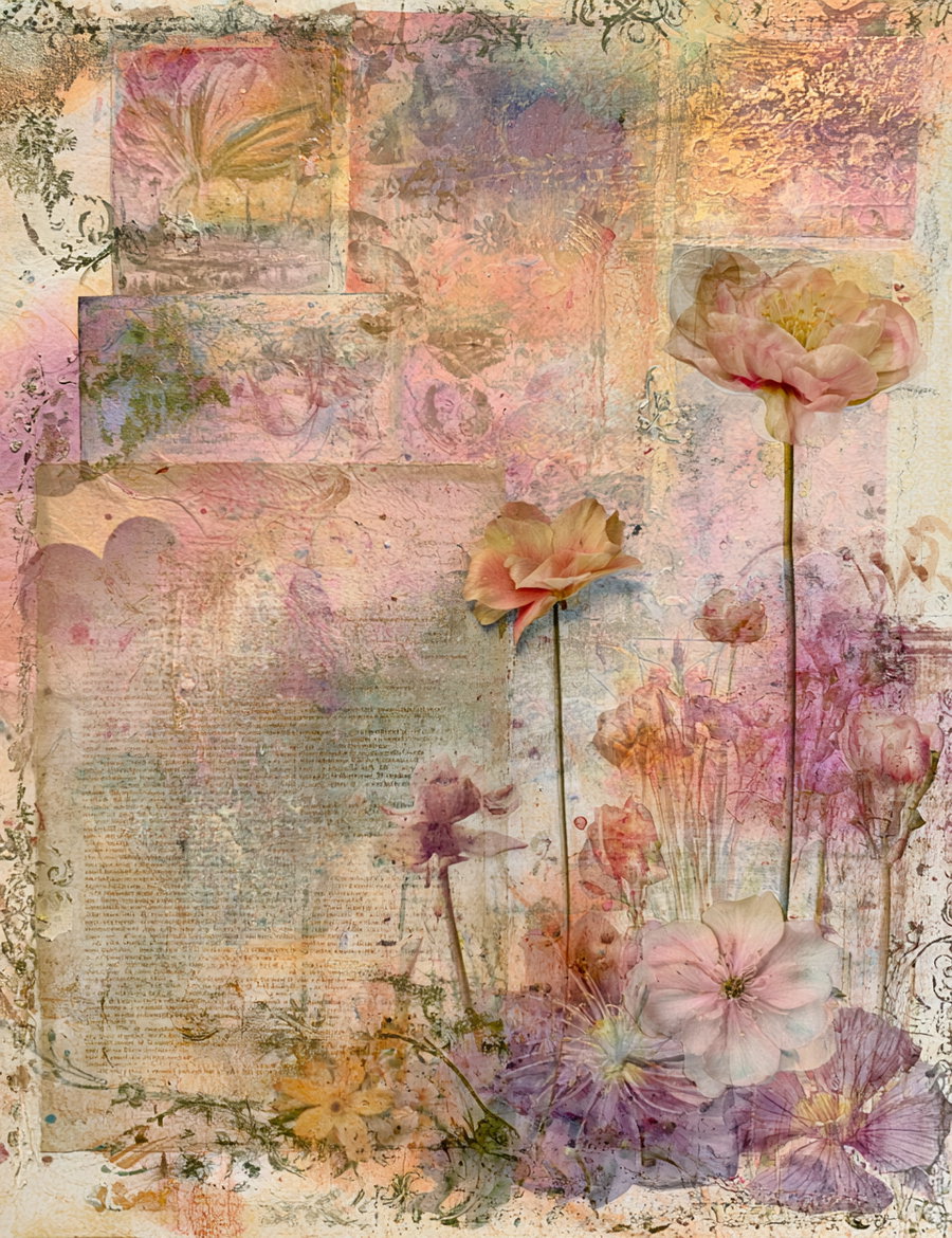 Illustration featuring delicate pink, purple, and peach flowers with layered vintage paper textures and intricate background patterns