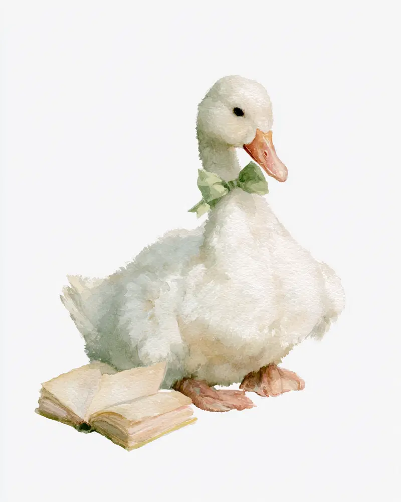 Watercolor Painting of a Duckling with a Green Bow Tie and Open Book