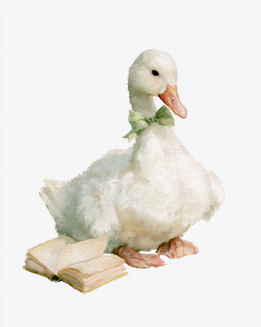 A watercolor painting of a white duckling wearing a green bow tie sitting next to an open book on a white background