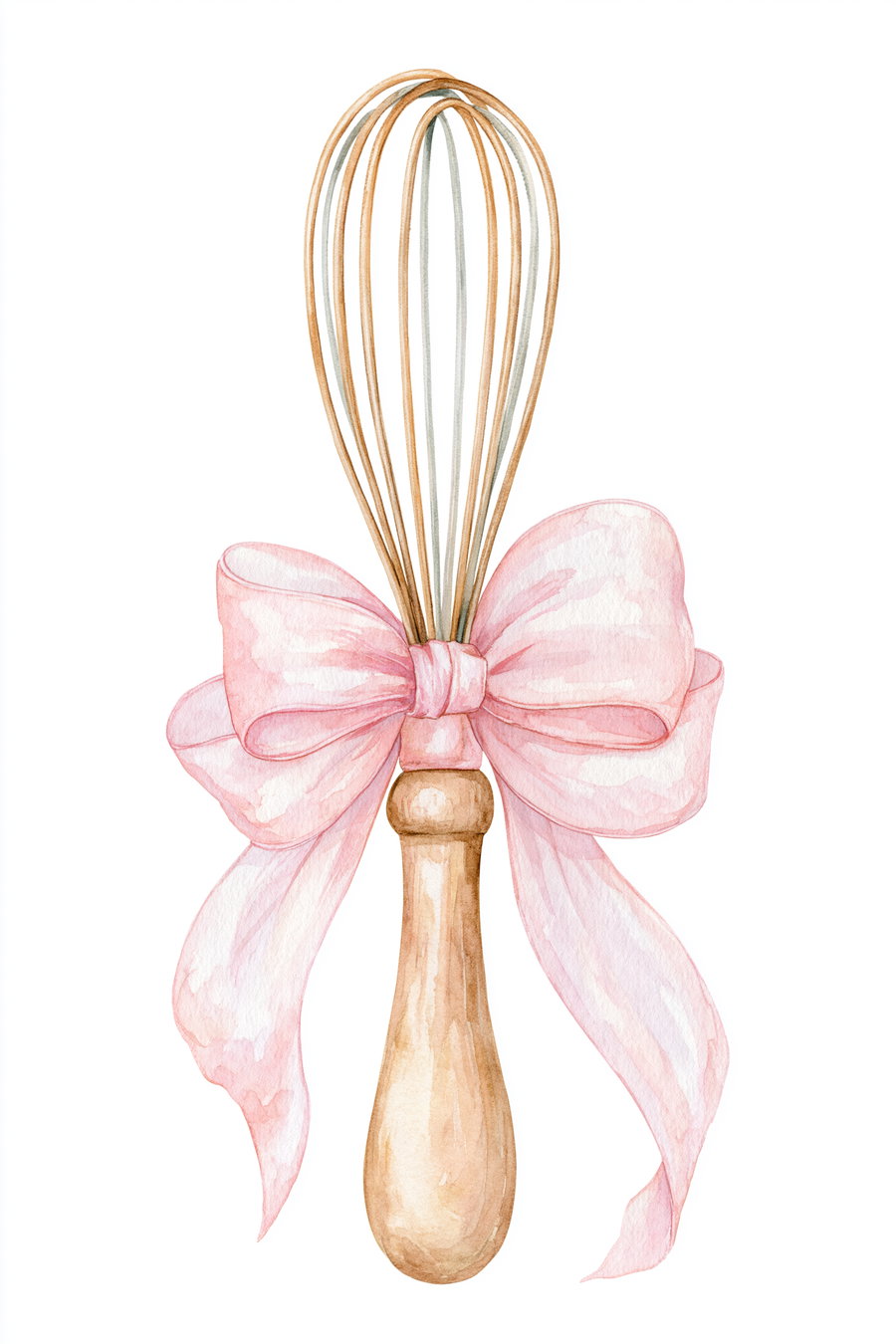 A watercolor illustration of a wooden-handled whisk with metal loops, adorned with a large pink ribbon tied in a bow around the upper part of the handle.