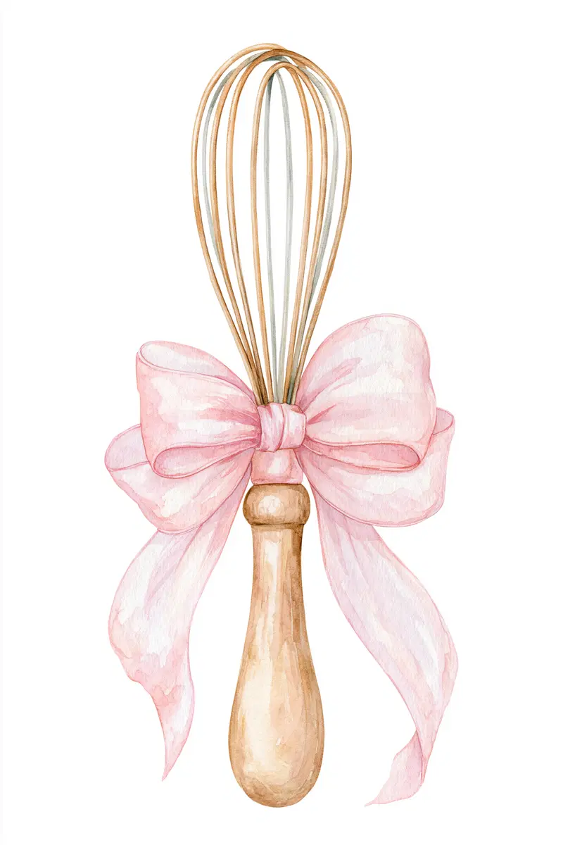 Watercolor painting of a wooden whisk with a pink ribbon tied around it