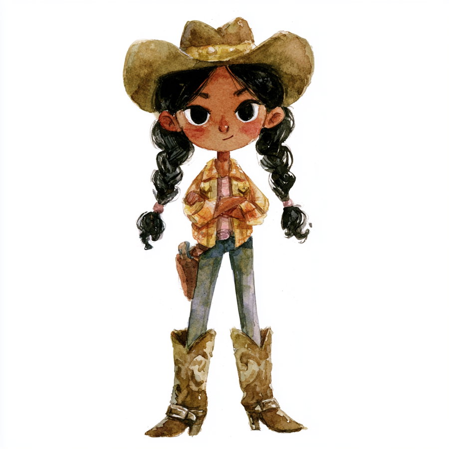 Watercolor painting of a girl with dark braided hair wearing a cowboy hat, plaid shirt, jeans, and cowboy boots, with arms crossed and a holster on her hip