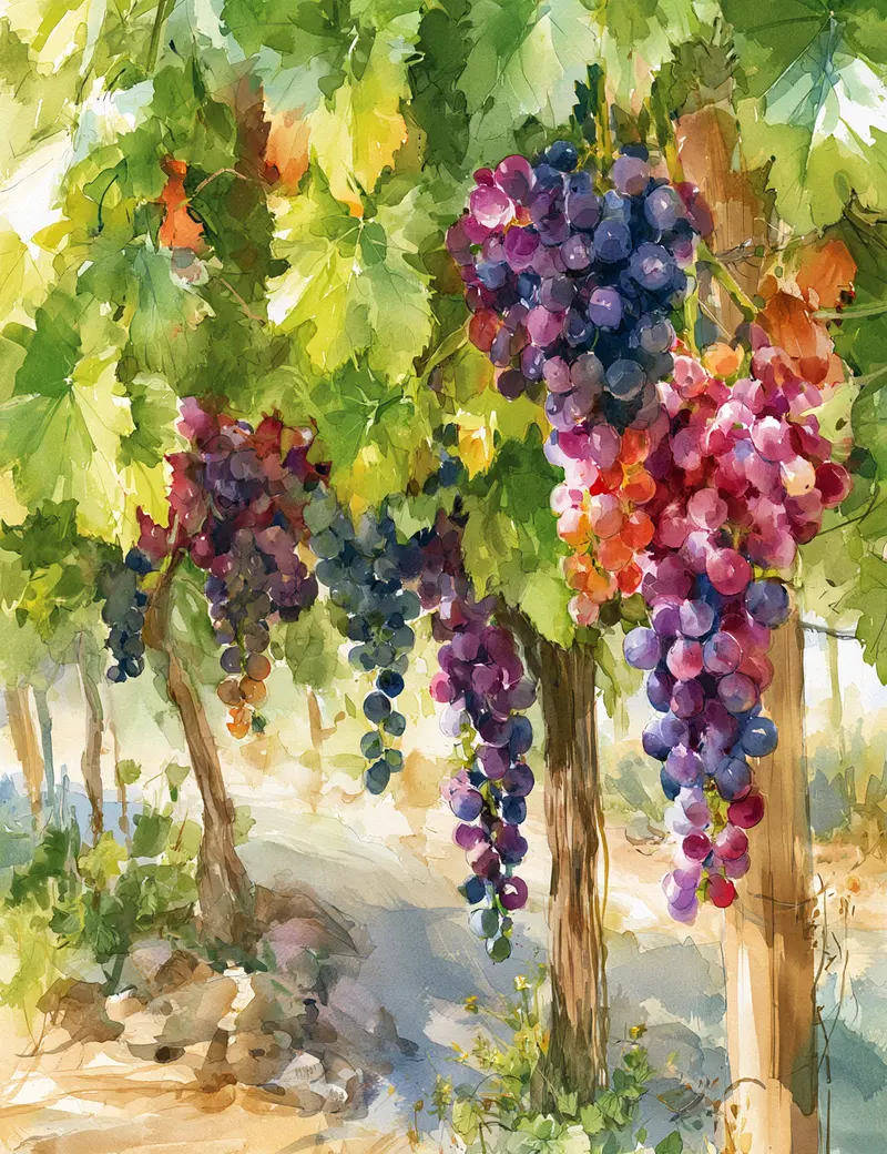 Watercolor painting of lush grapes hanging from vineyard vines on sunny day