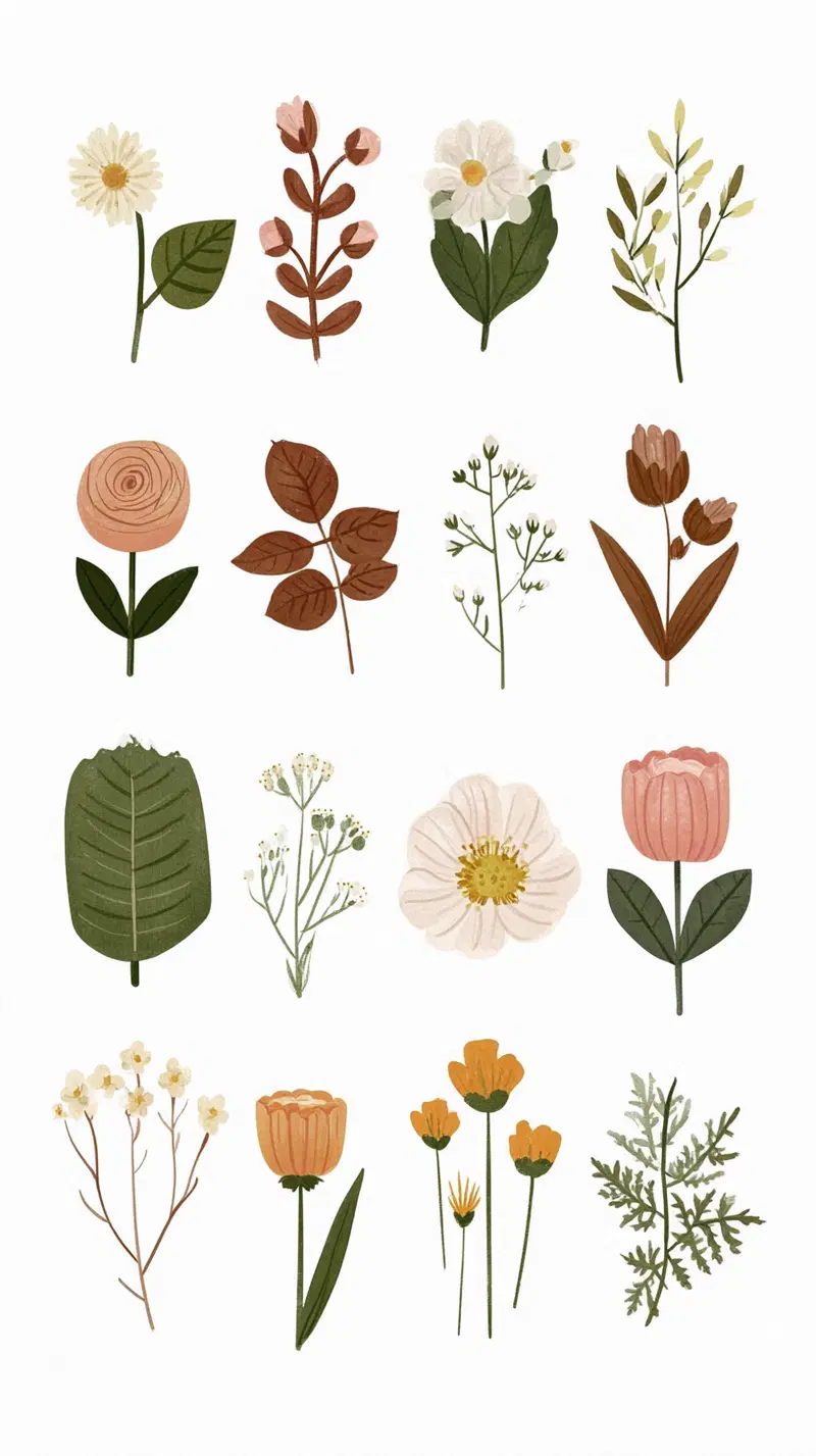 Collection of delicate botanical illustrations featuring various flowers and leaves