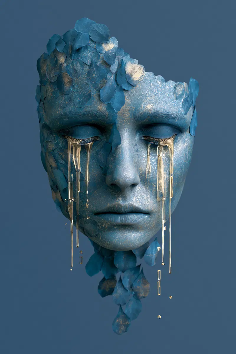Blue textured sculpture of a face with gold liquid tears and petal-like elements
