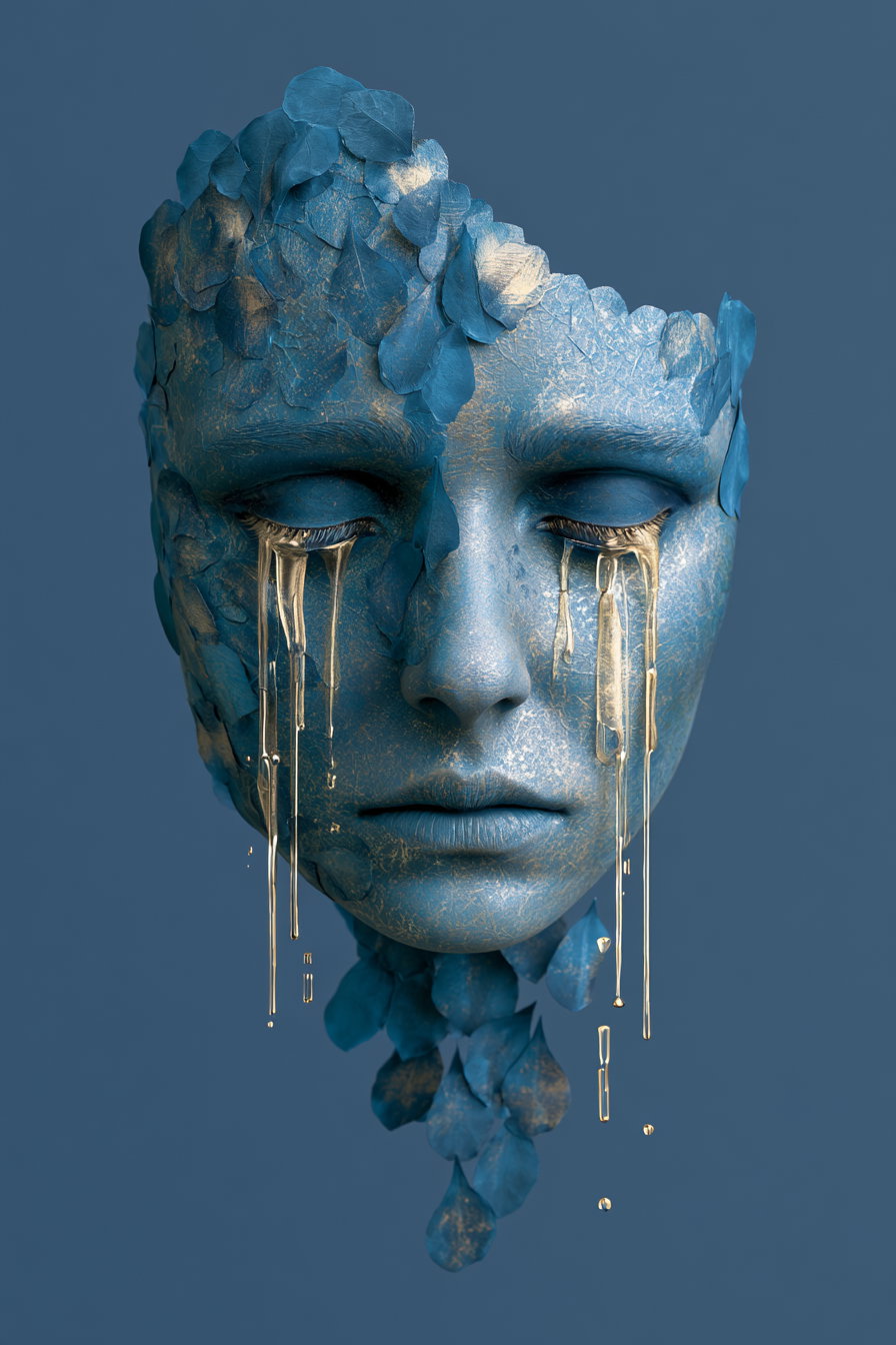 a blue face sculpture with textured skin and closed eyes, gold liquid tears flowing down from the eyes, and petal-like fragments covering parts of the head and falling down