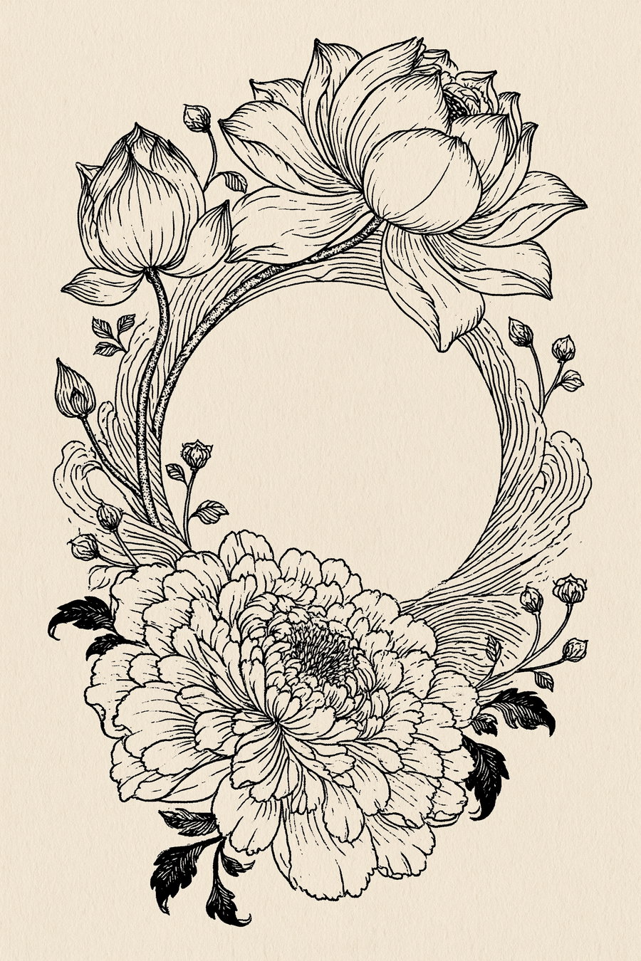 black ink drawing of large and small flowers and leaves arranged around a circular frame on beige background