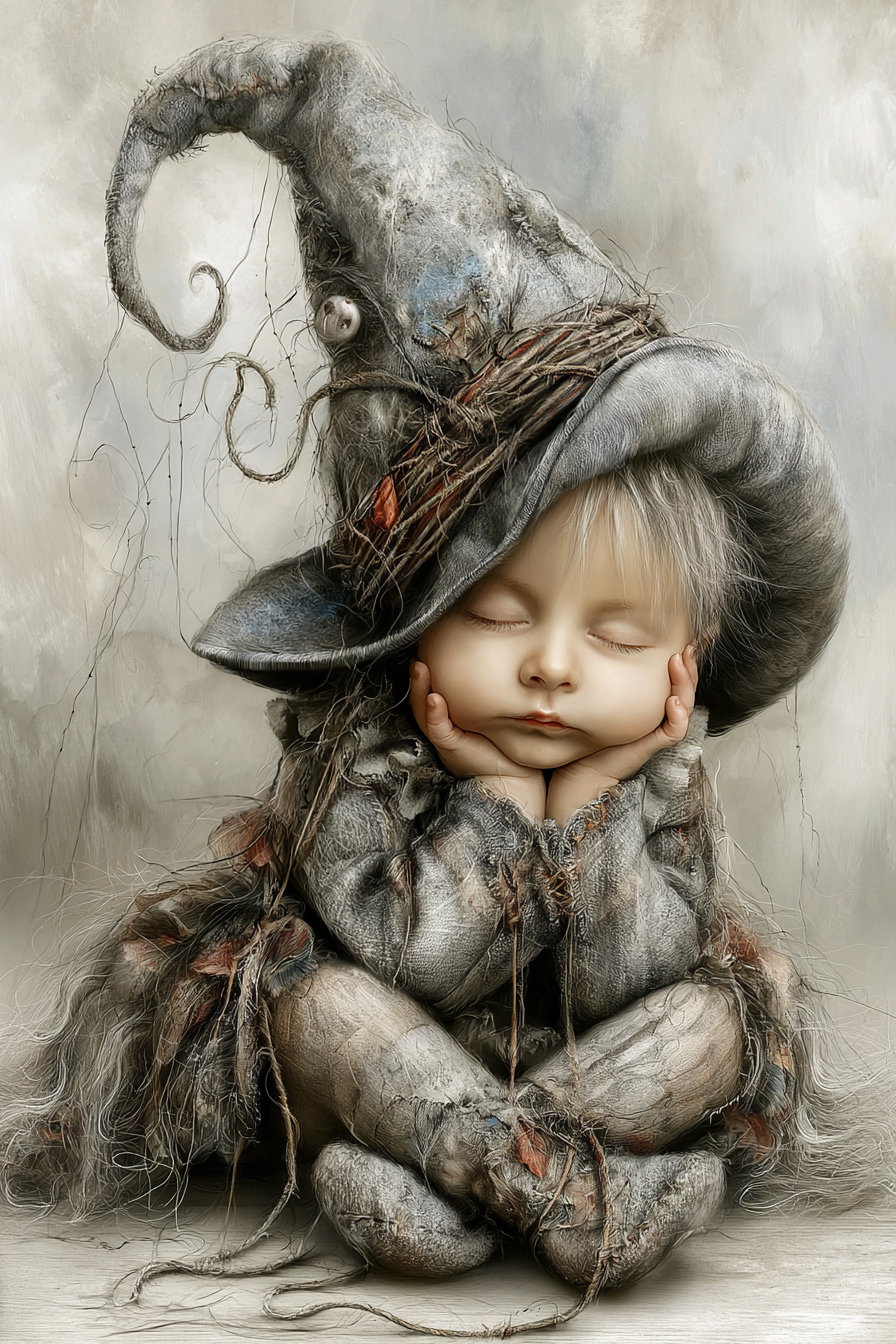 A highly detailed artistic portrait of a young child sitting cross-legged with eyes closed, wearing a large, worn, pointed witch hat and matching tattered clothing, set against a soft neutral background