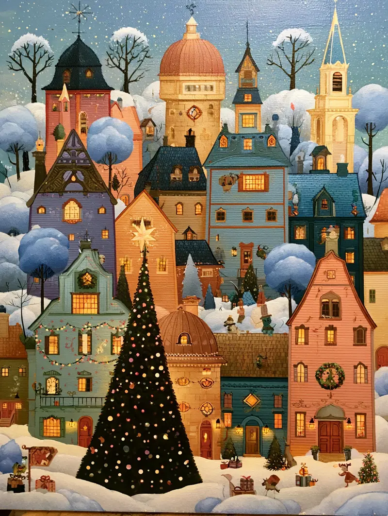 Quaint winter village with whimsical buildings and decorated Christmas tree