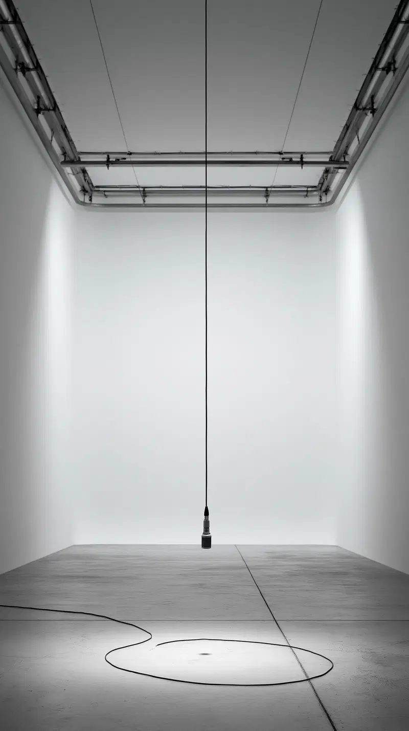 Minimalist monochrome art installation featuring a suspended microphone in gallery