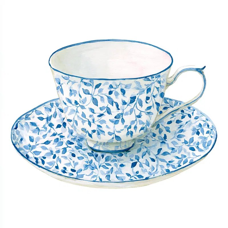 Watercolor painting of a vintage tea cup and saucer with blue leaf pattern