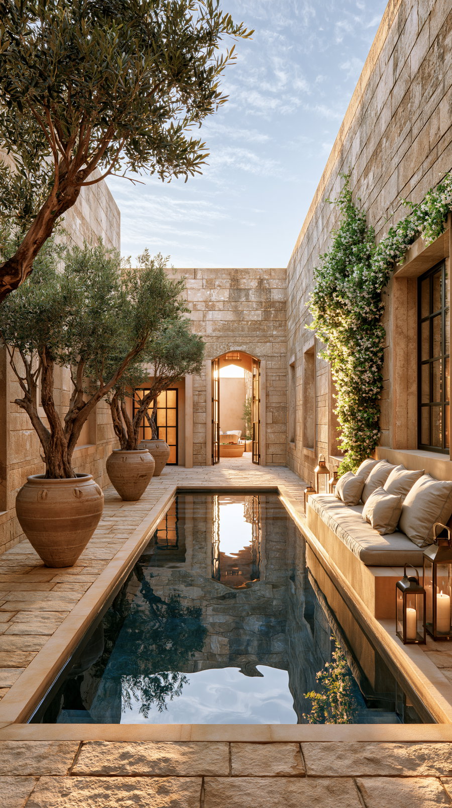 Mediterranean-style courtyard featuring beige stone walls, a narrow rectangular pool, large clay pots with olive trees, a cushioned bench with pillows, lanterns with candles, and an open doorway under a partly cloudy sky