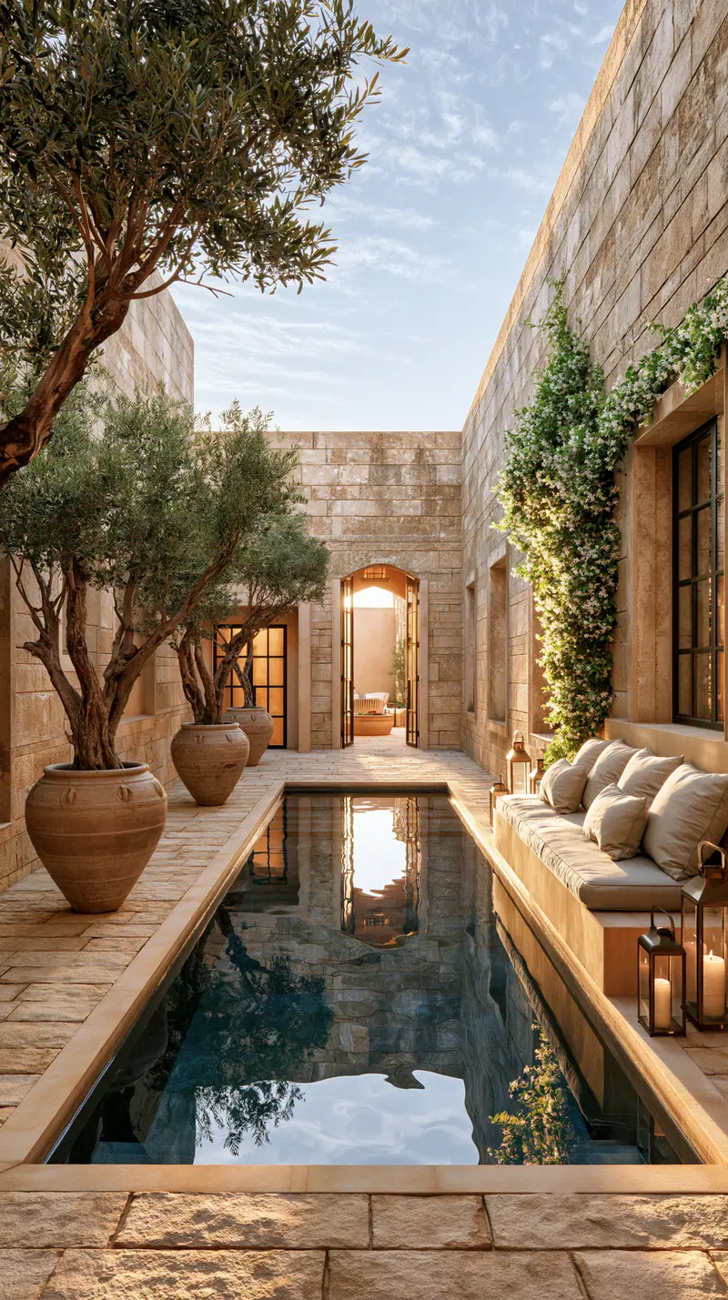 Elegant Mediterranean courtyard with stone walls and a narrow reflecting pool