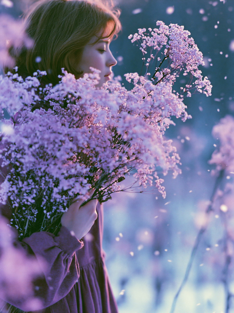 A young woman holding a large bouquet of small purple flowers with petals softly falling around her, set against a blurred purple and blue background